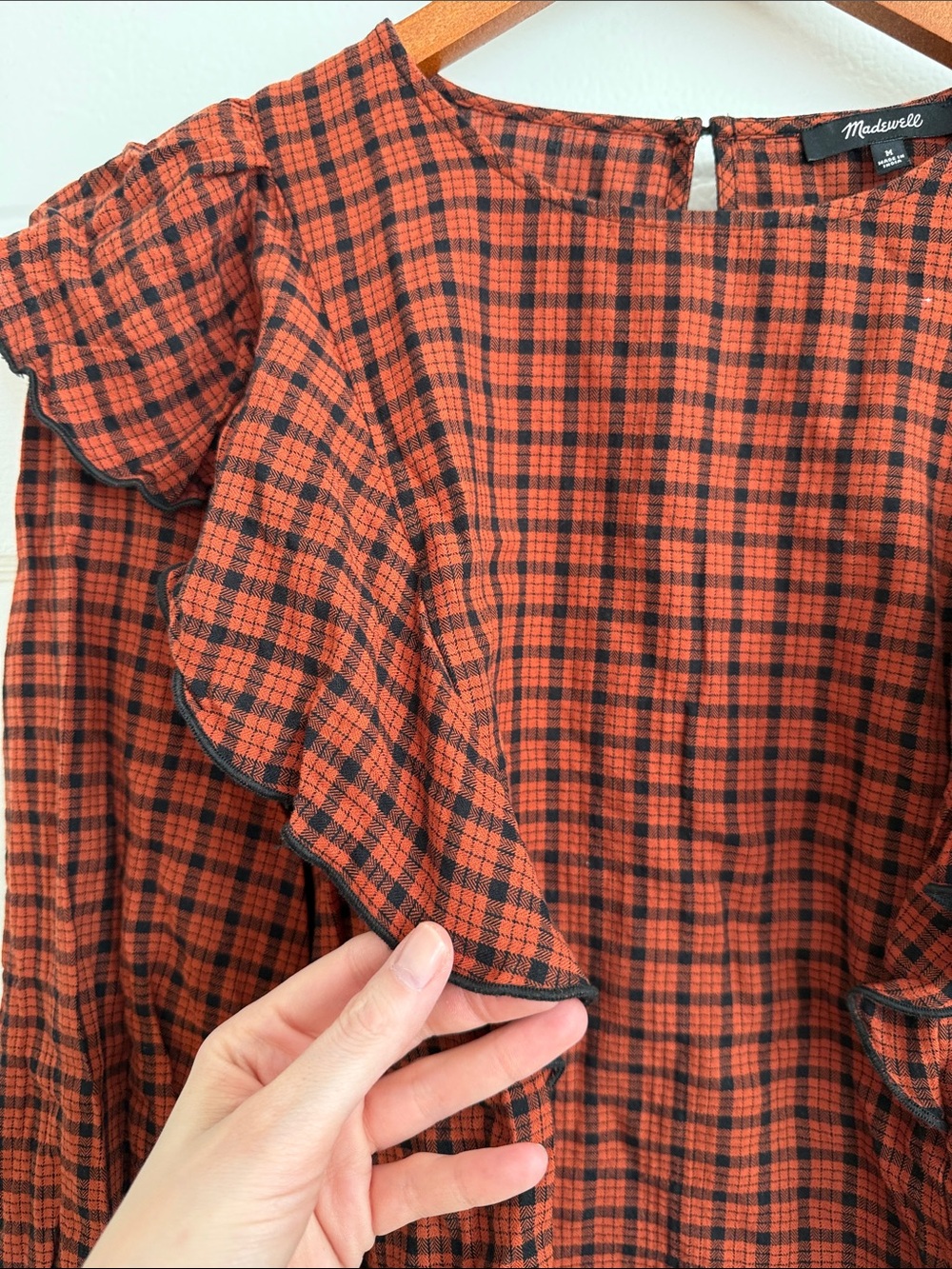 Madewell Rust Orange and Black Plaid Ruffle Top - Picture 3 of 7